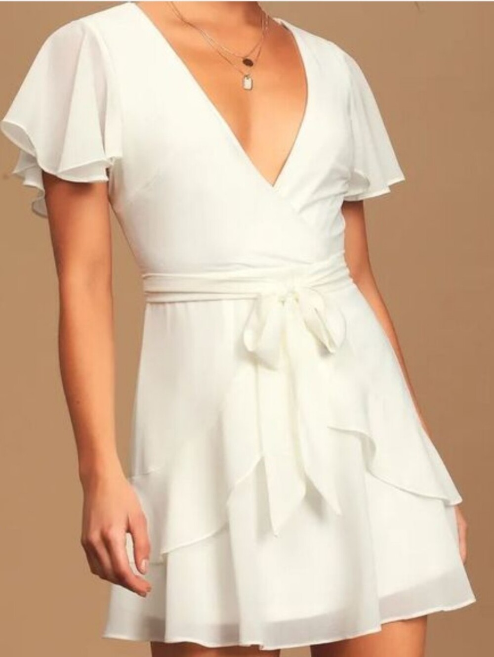 White Ruffle Wrap Dress - Elegant Women's Dress - Picture 3 of 9